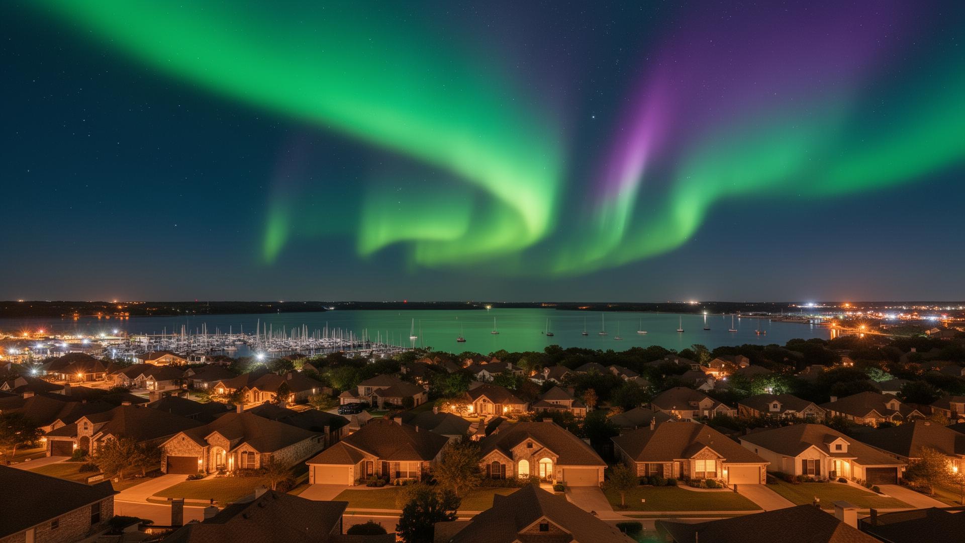 Aurora borealis with green and purple ribbons glowing over a Rockwall, Texas lakeside neighborhood and harbor on Lake Ray Hubbard